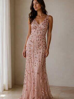 HY Womens 10 Blush Pink Sequin Embellished V-neck Layered Prom Bridal Dress